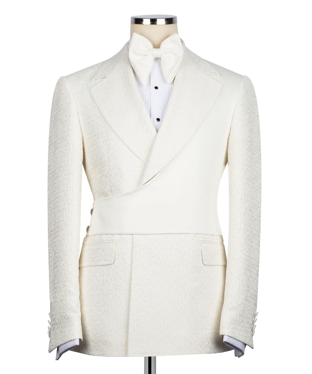 Cream tuxedo 3-piece set with textured jacket, bow tie, vest, and matching trousers