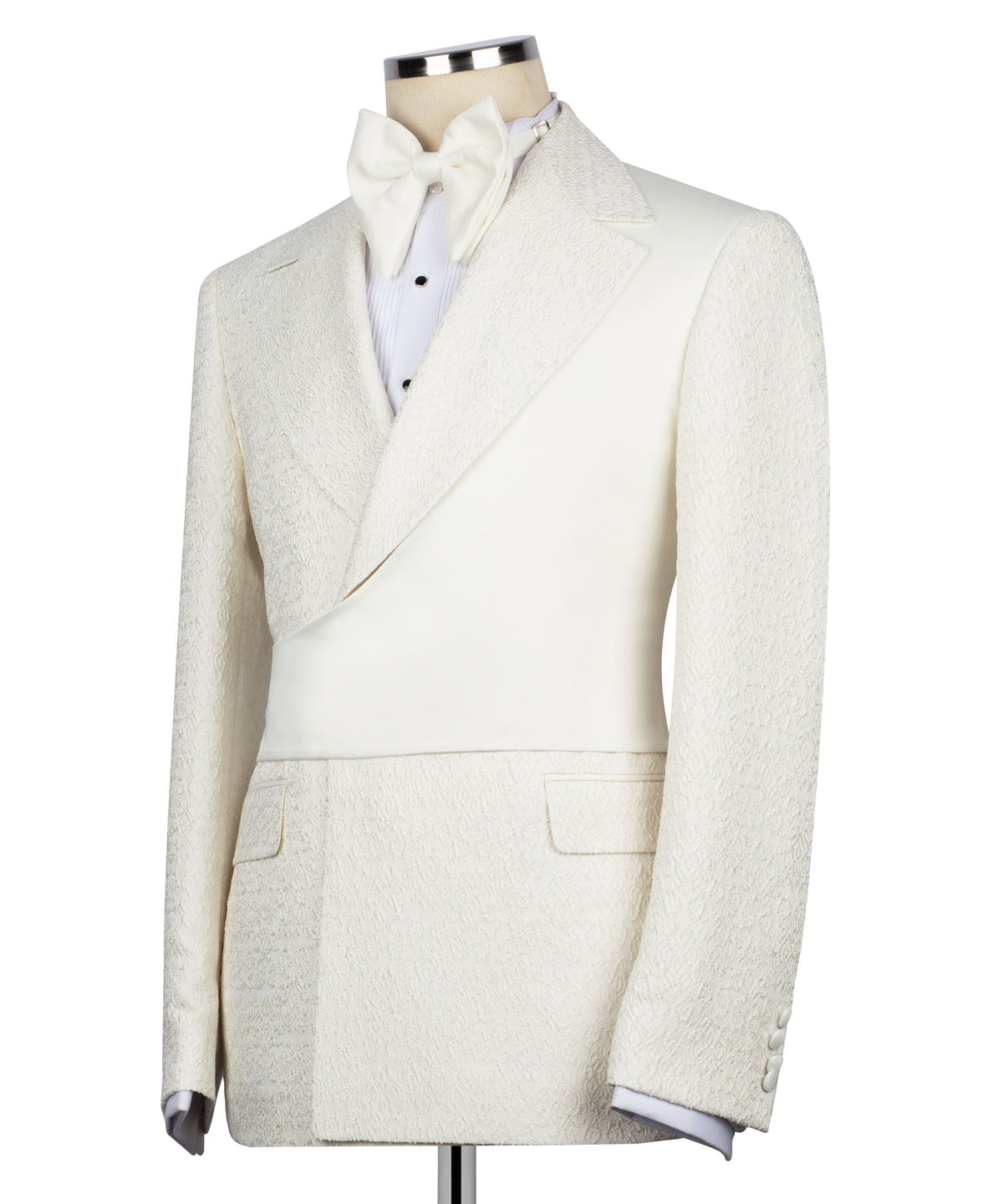 Cream tuxedo jacket with satin trim lapels and bow tie, vest in front