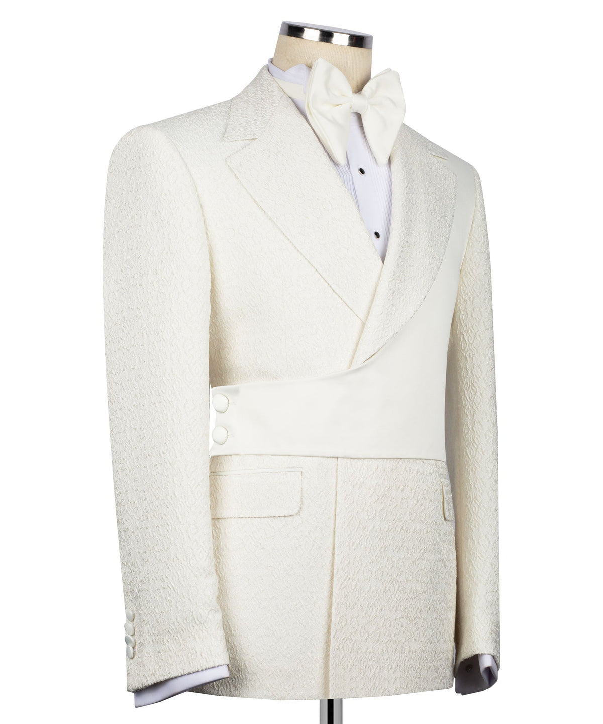Cream tuxedo jacket and vest with bow tie; textured fabric and welt pockets