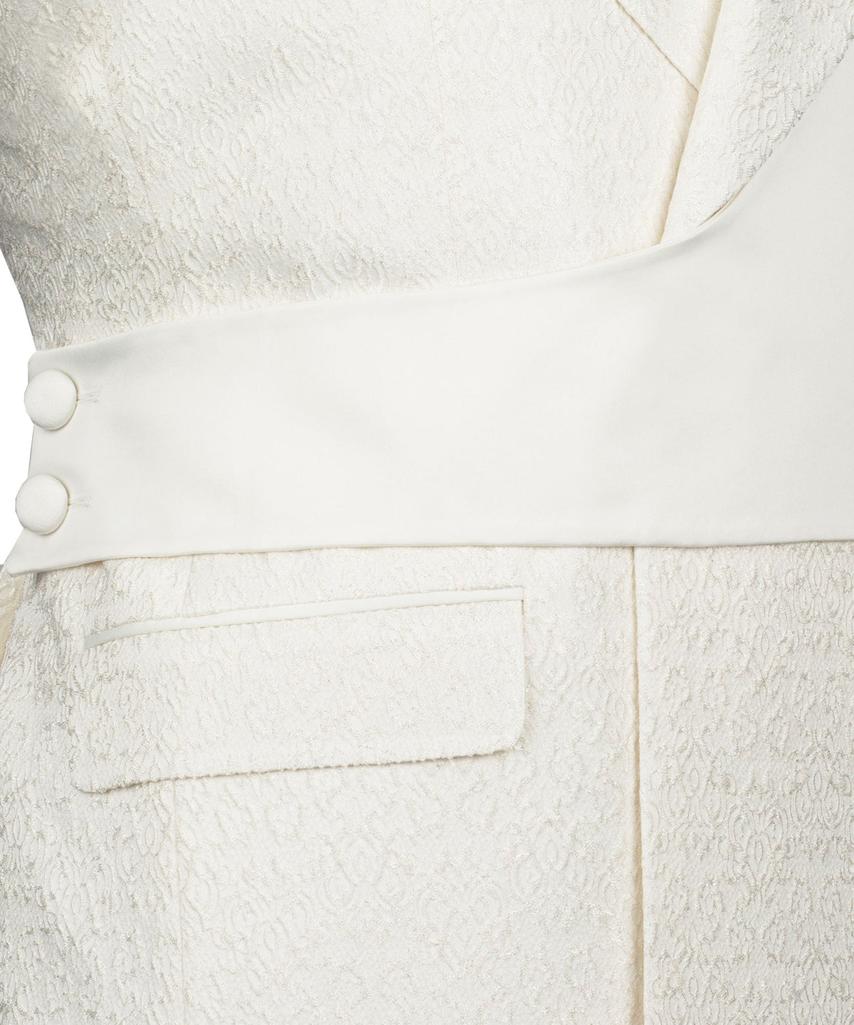 Cream vest front with two-button closure and jetted pocket detail