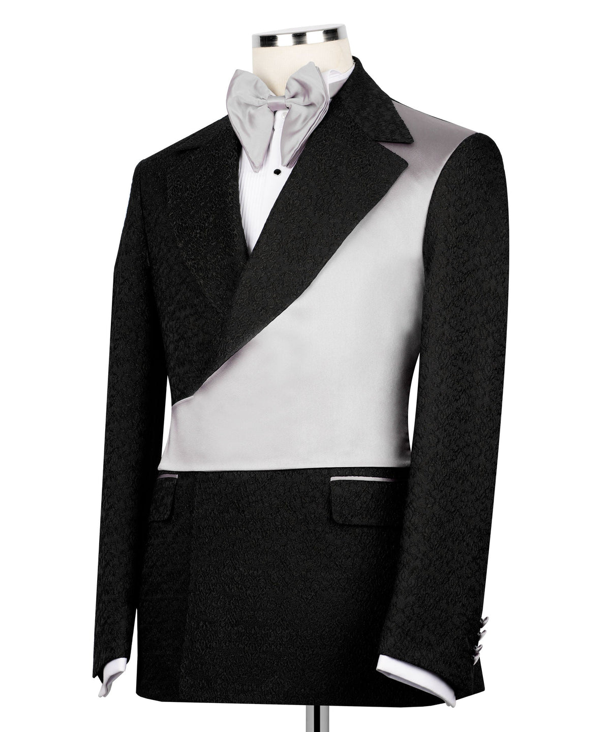 Two-piece tuxedo set: black jacket, light-gray satin vest, and black trousers