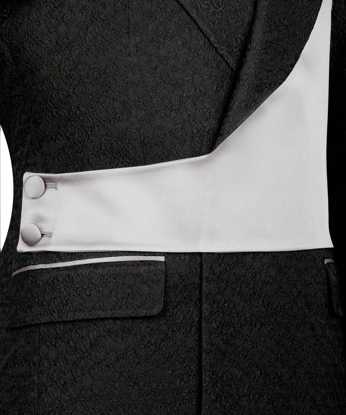 Close-up: light-gray satin vest panel with black buttons and tuxedo lapel