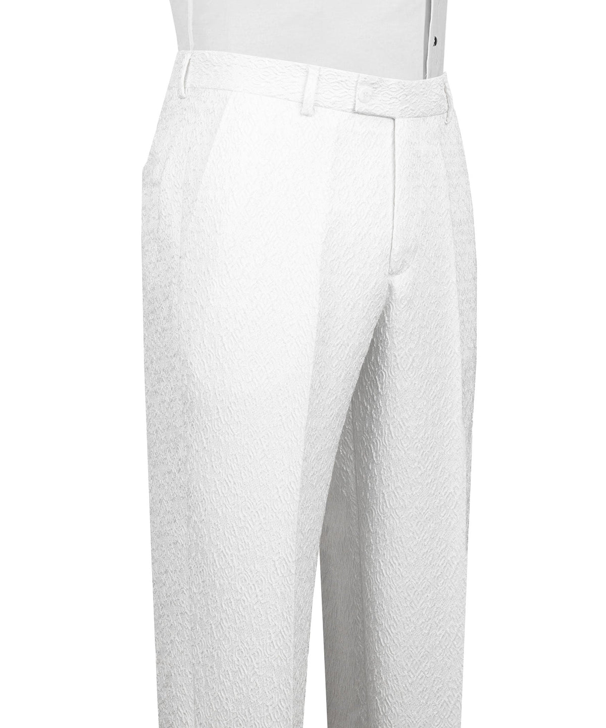 White tuxedo trousers with belt loops and straight legs, textured fabric