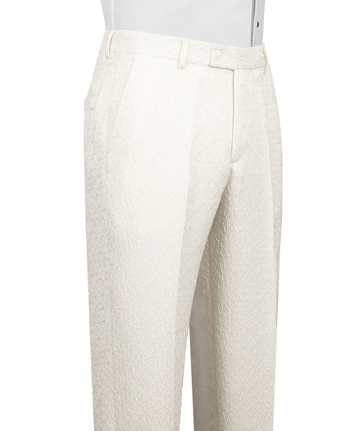Cream textured tuxedo trousers with waistband and crease front