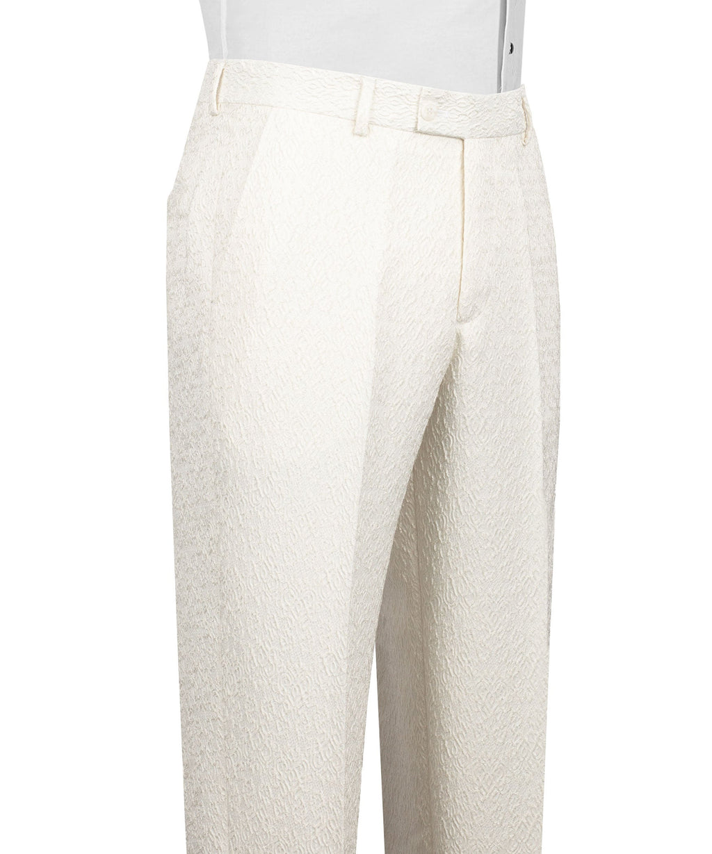 Cream textured tuxedo trousers with belt loops and flat-front waistband