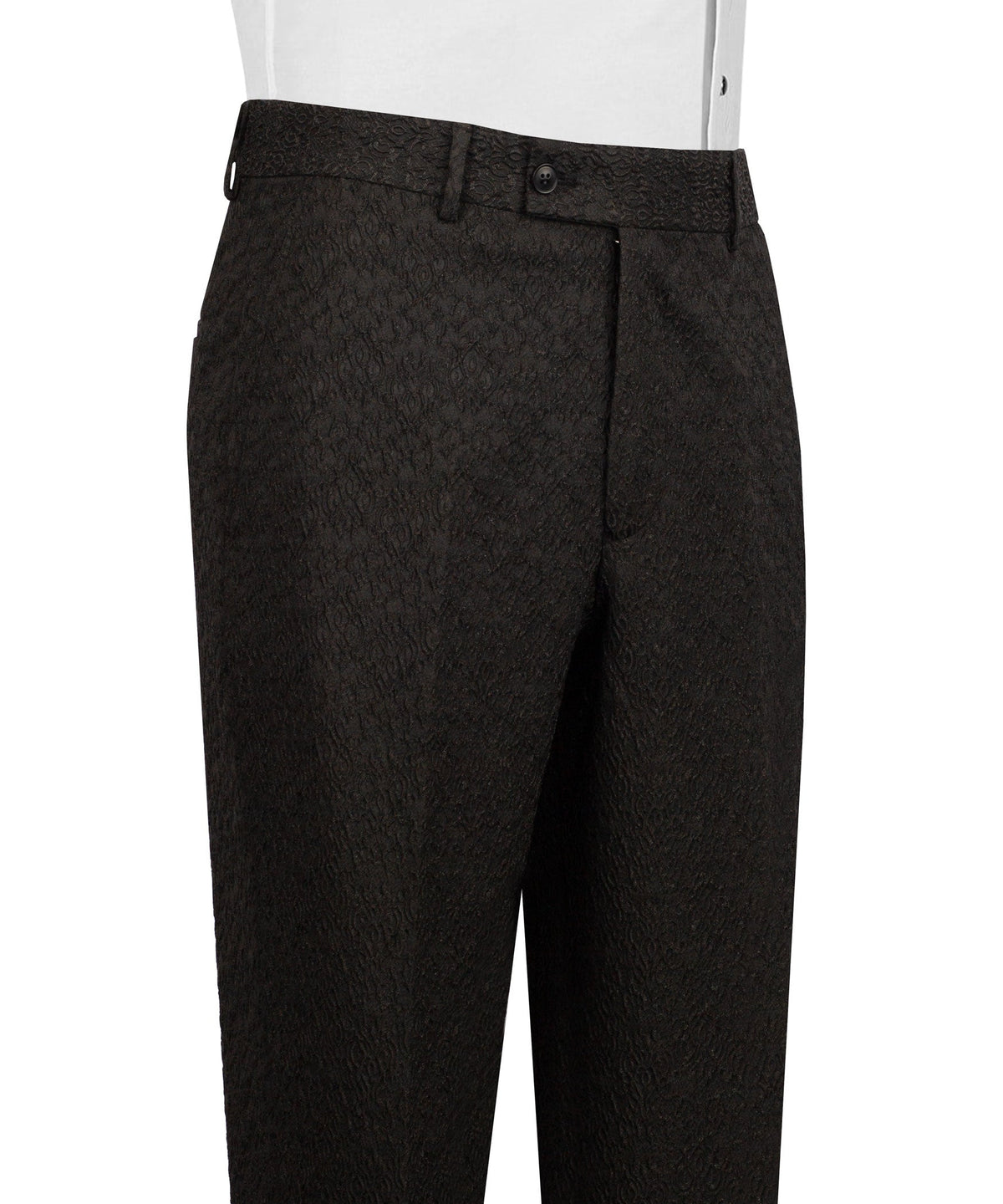 Black tuxedo trousers with textured fabric, front crease, and waistband button