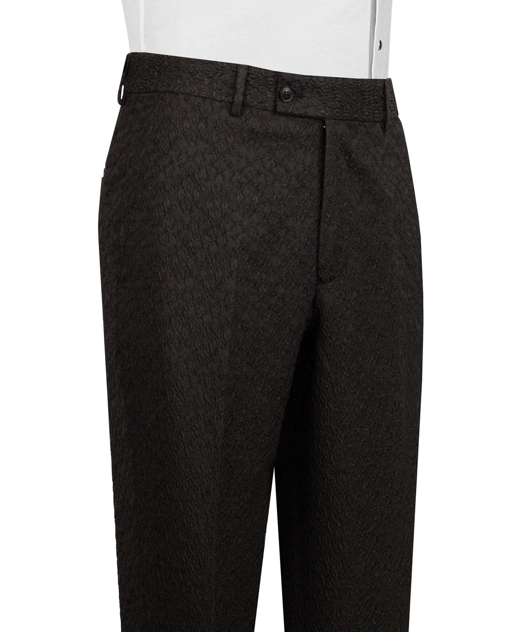 Black textured tuxedo trousers with belt loops, button closure, and side pockets