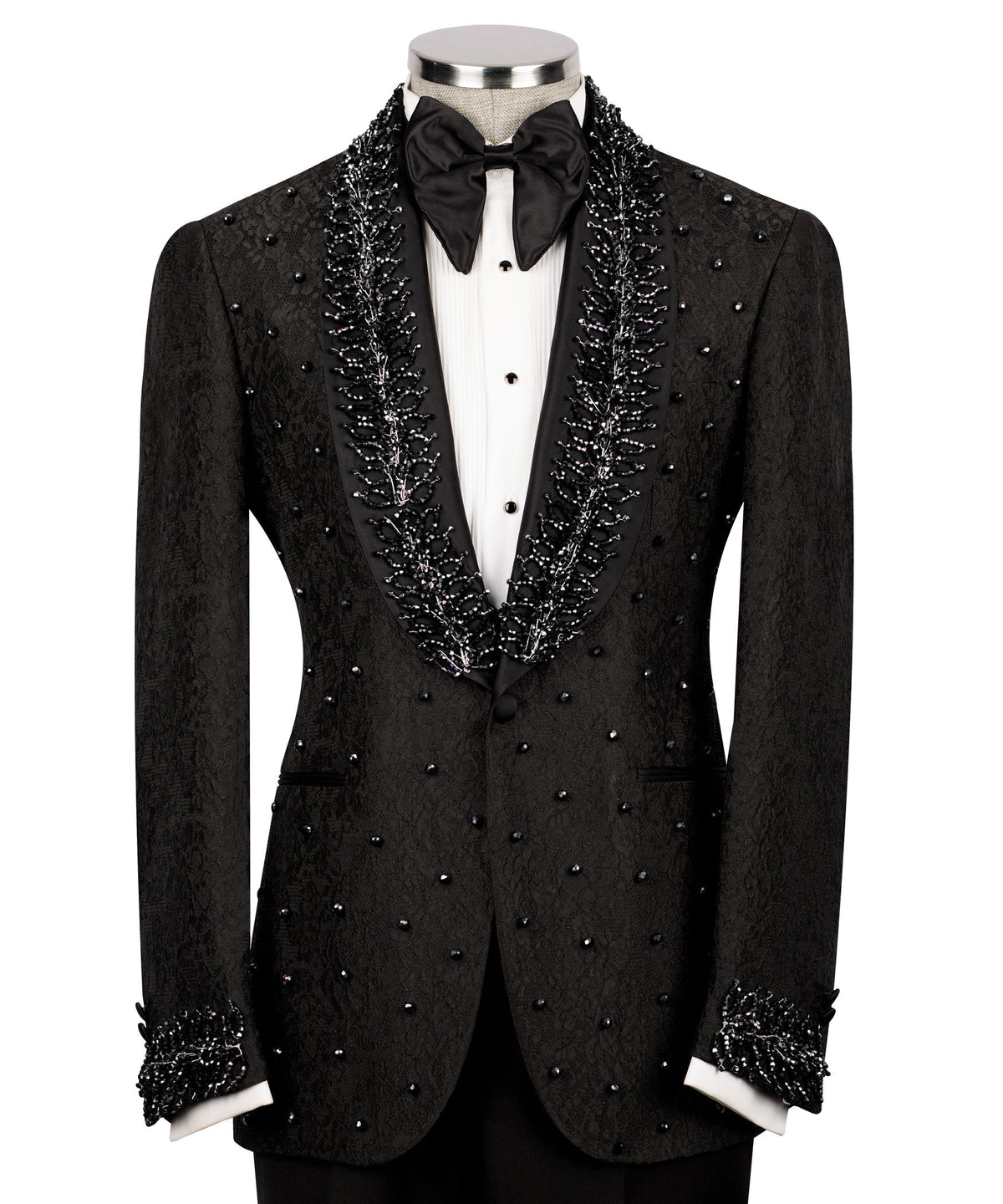 Black tuxedo jacket front view with embroidered lapels, dotted embellishment and bow tie