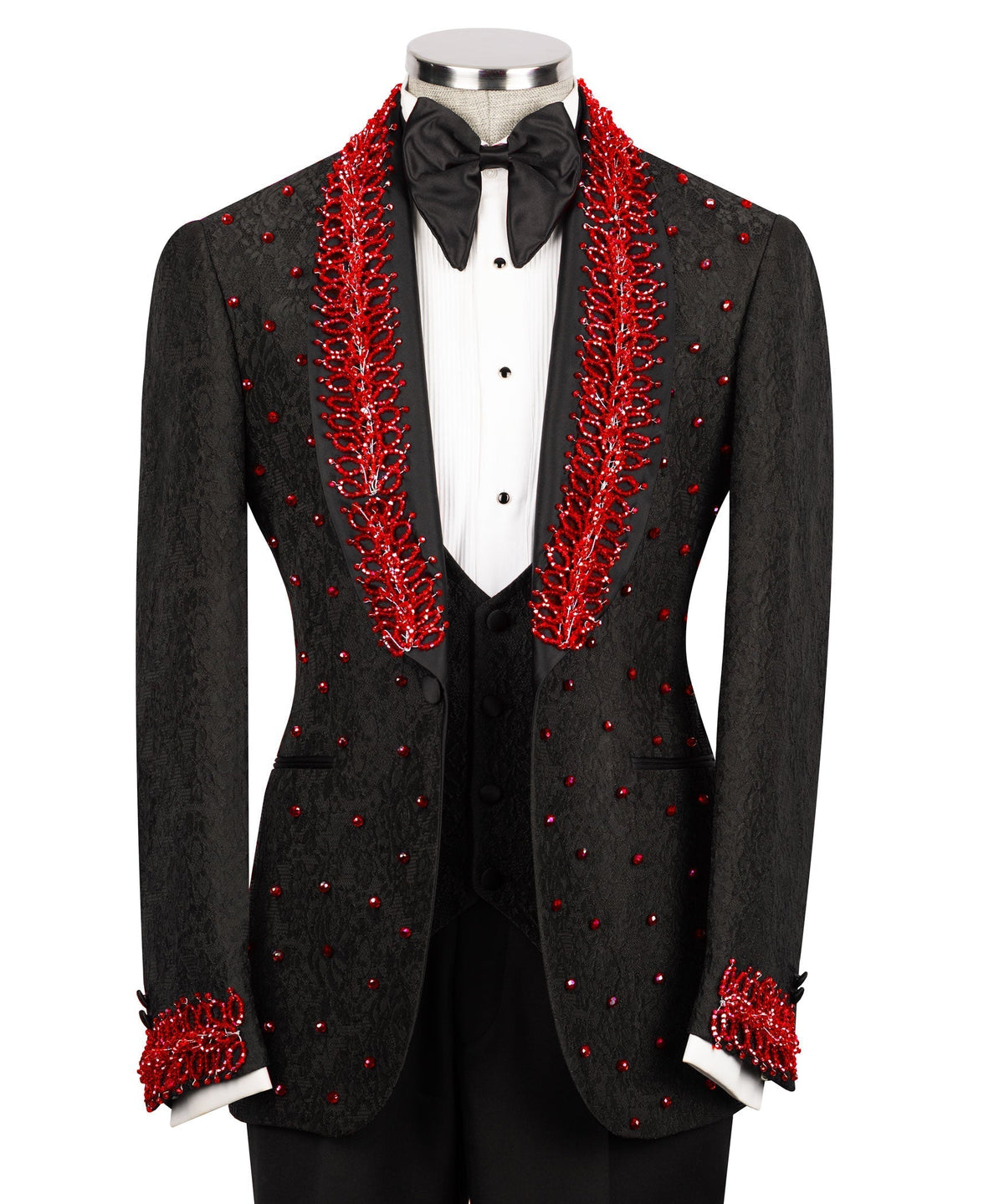 Black tuxedo jacket with red stone-embroidered lapels, bow tie, and vest set