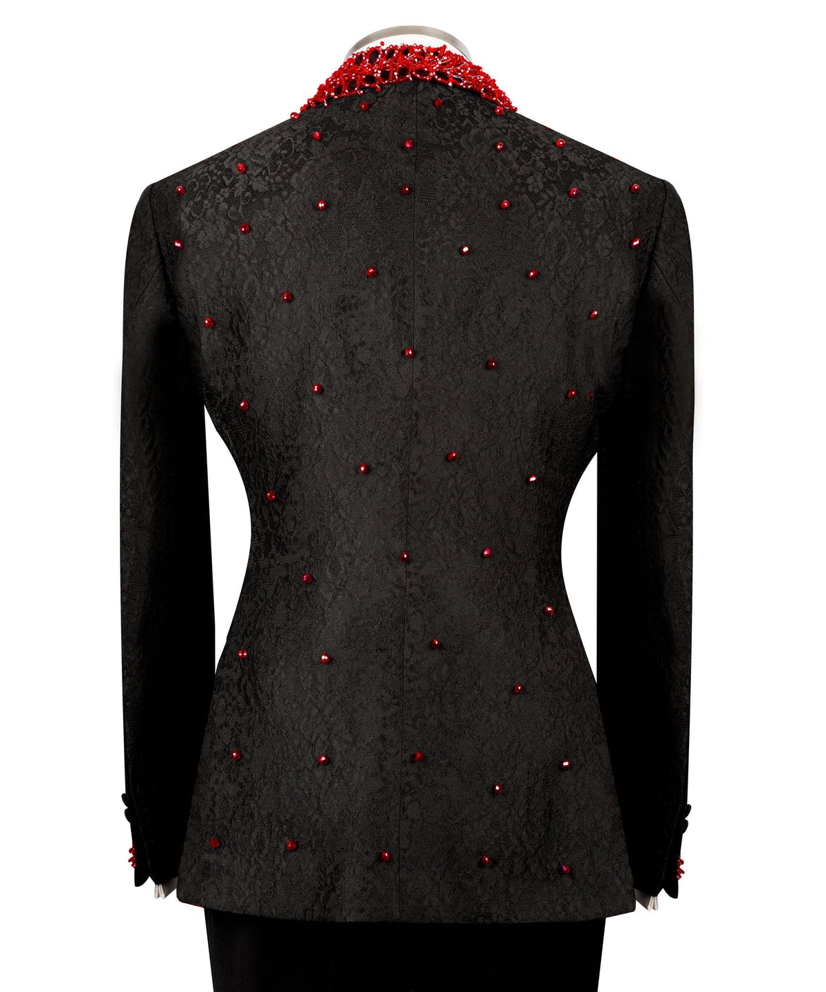 Black tuxedo jacket back with red stone dots, fitted waist, and long sleeves