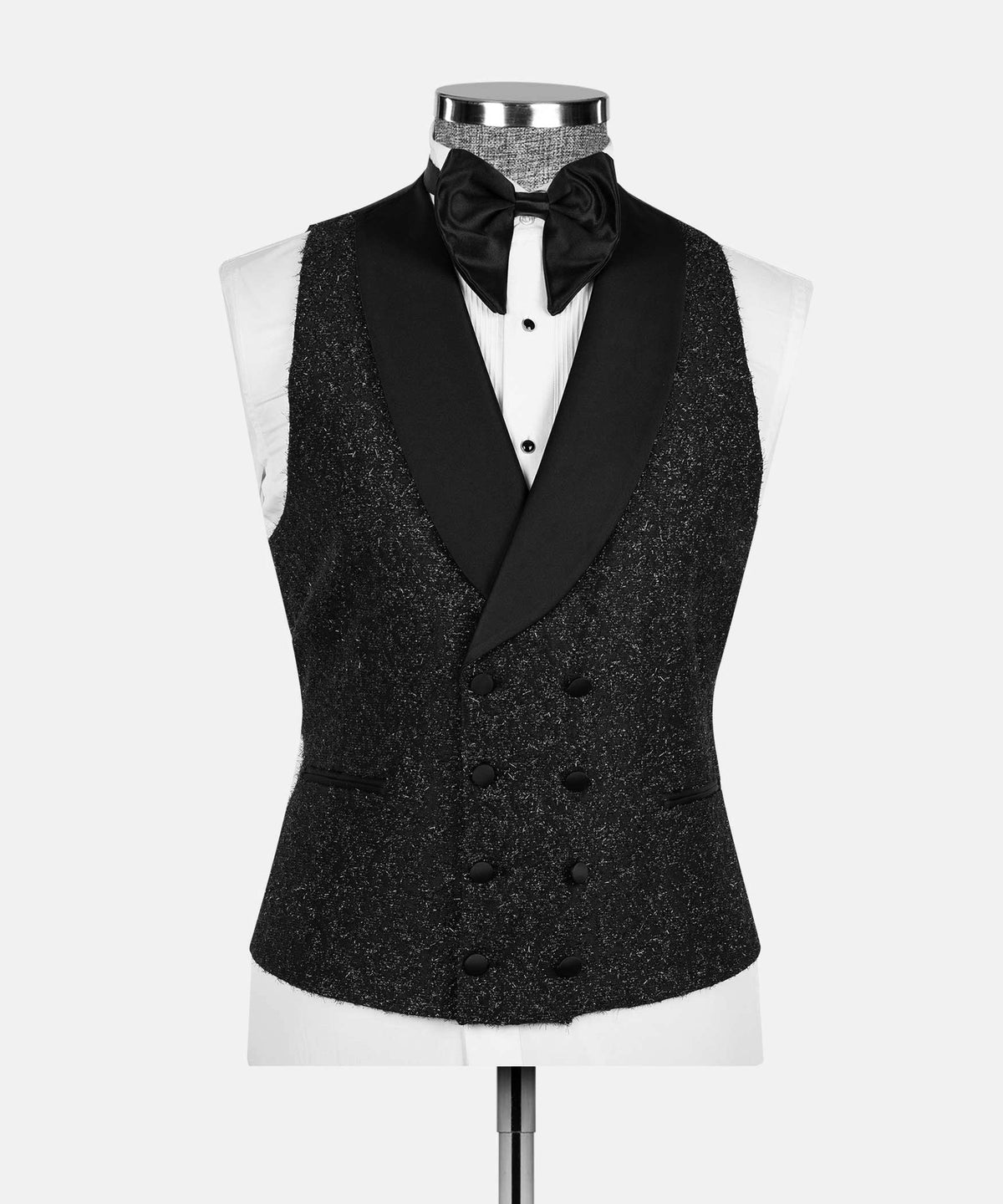 Black glitter tuxedo vest with satin V-lapel and black bow tie