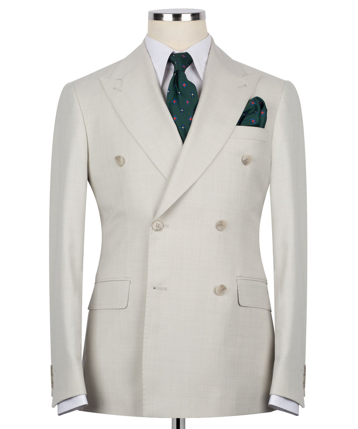 Beige double-breasted blazer with notch lapels, four-button front and pocket square