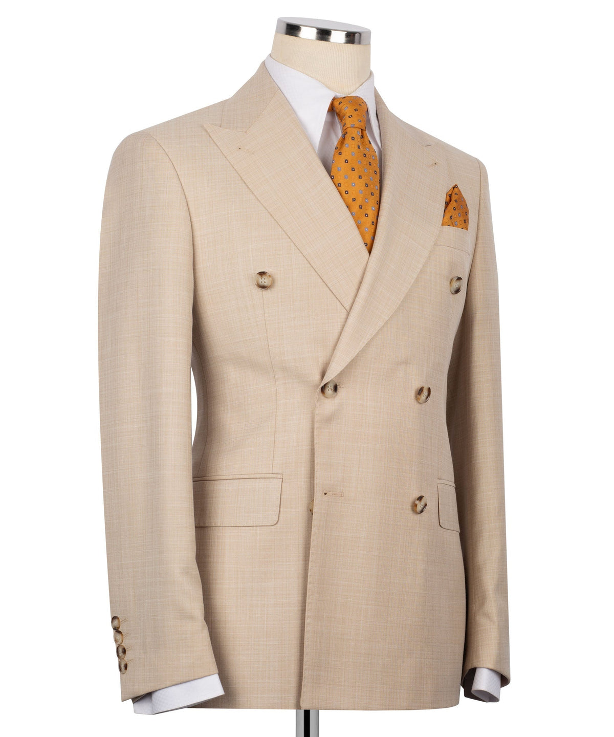 Light brown double-breasted blazer side view with pocket flaps and center buttons