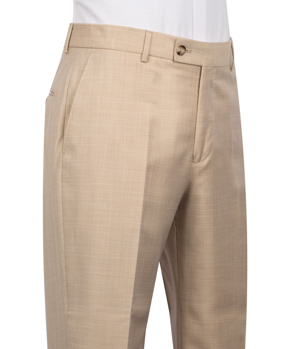 Light brown dress trousers with belt loops, front crease, and button-zip closure