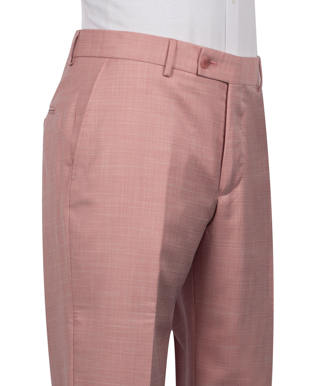 Light pink suit trousers with flat front, belt loops, and button closure