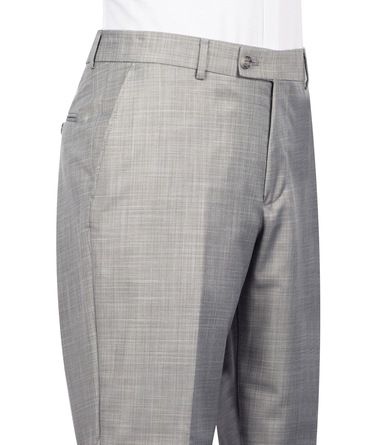 Gray suit trousers with belt loops, front pleats, and button closure