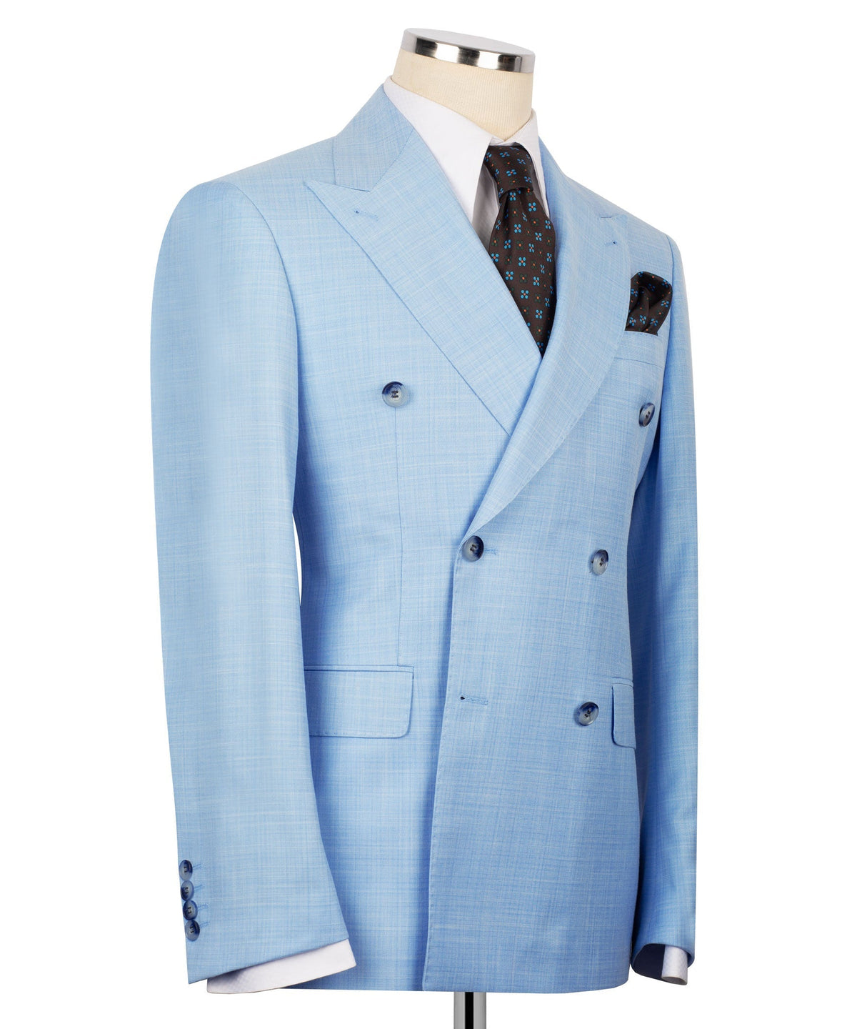 Light blue double-breasted blazer with two-button front, chest pocket, and sleeve buttons