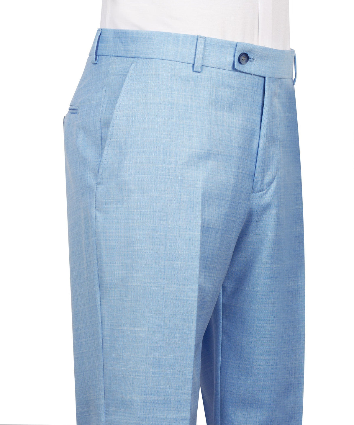 Light blue suit trousers with belt loops, front crease, and side pockets