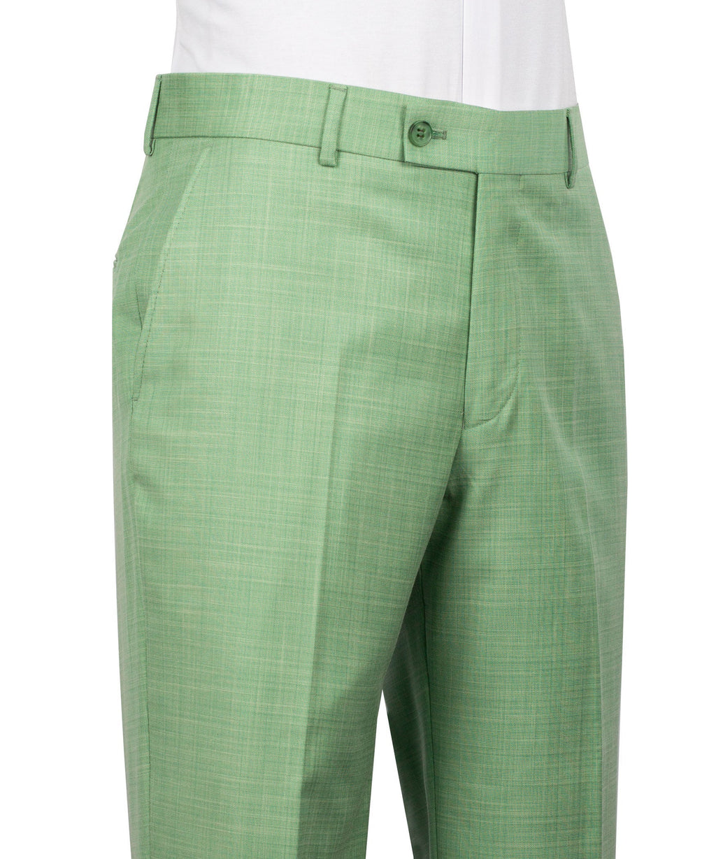 Light green suit trousers with flat front waistband and side pockets
