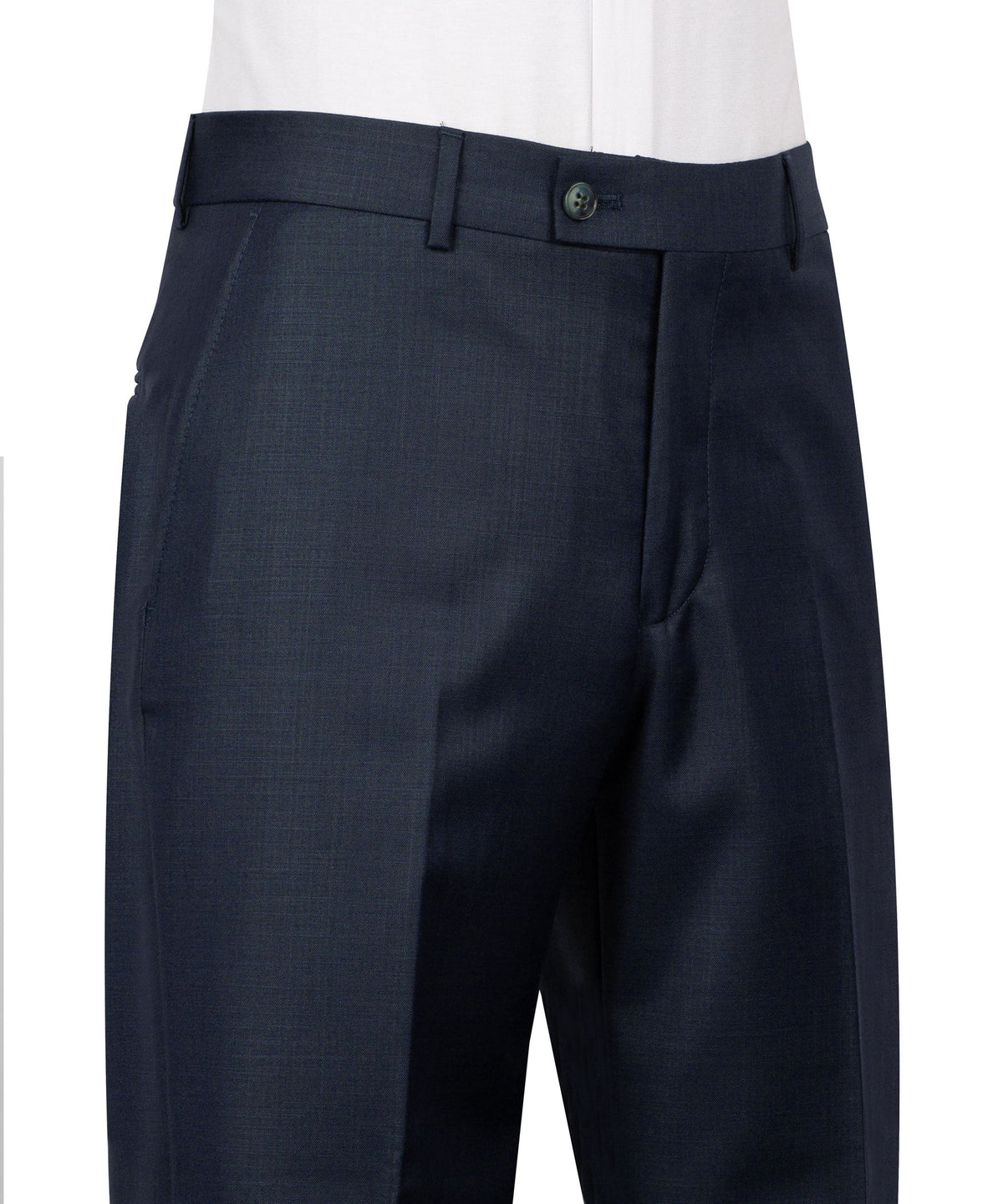 Navy dress trousers with button waistband, pleats, and straight legs
