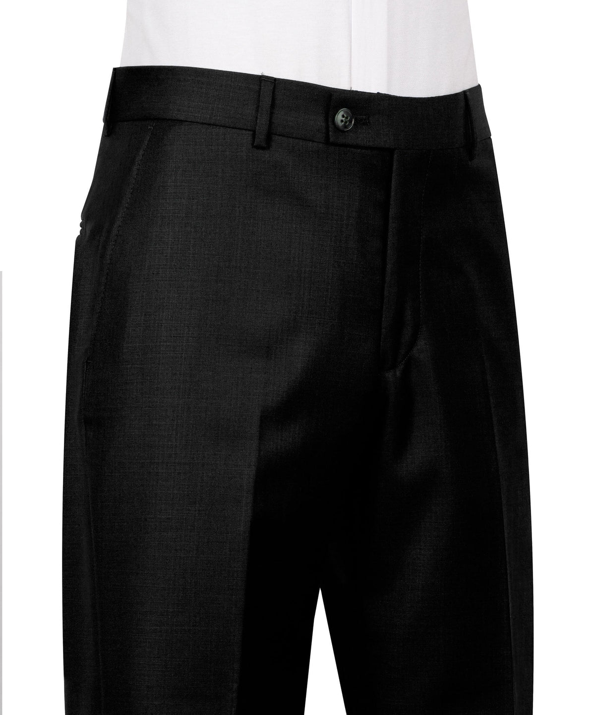 Black suit trousers with belt loops and front button closure