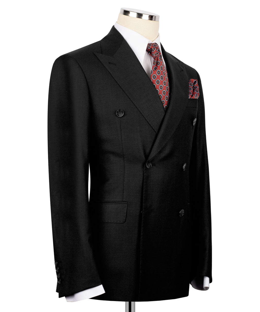 Black double-breasted blazer side view with flap pocket and matching buttons