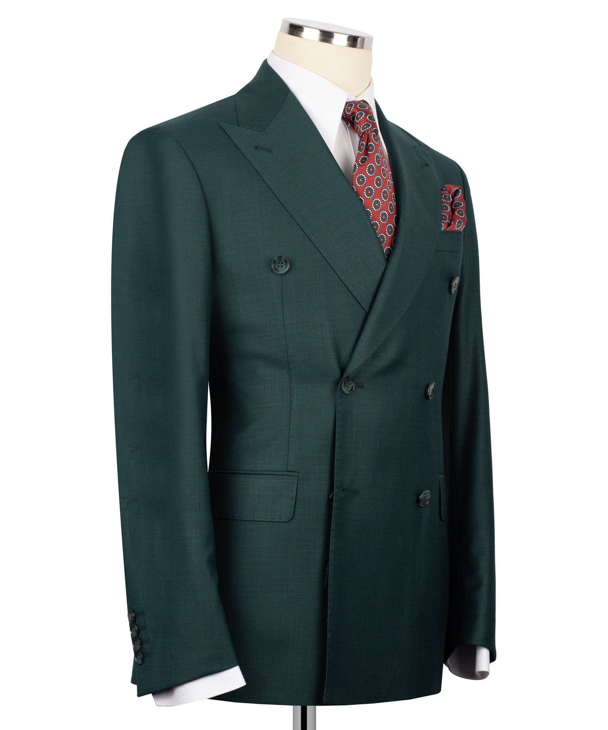 Forest green double-breasted suit jacket with two front buttons and flap pockets