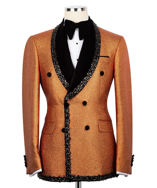 Gold tuxedo jacket with black velvet collar, bow tie and beaded trim