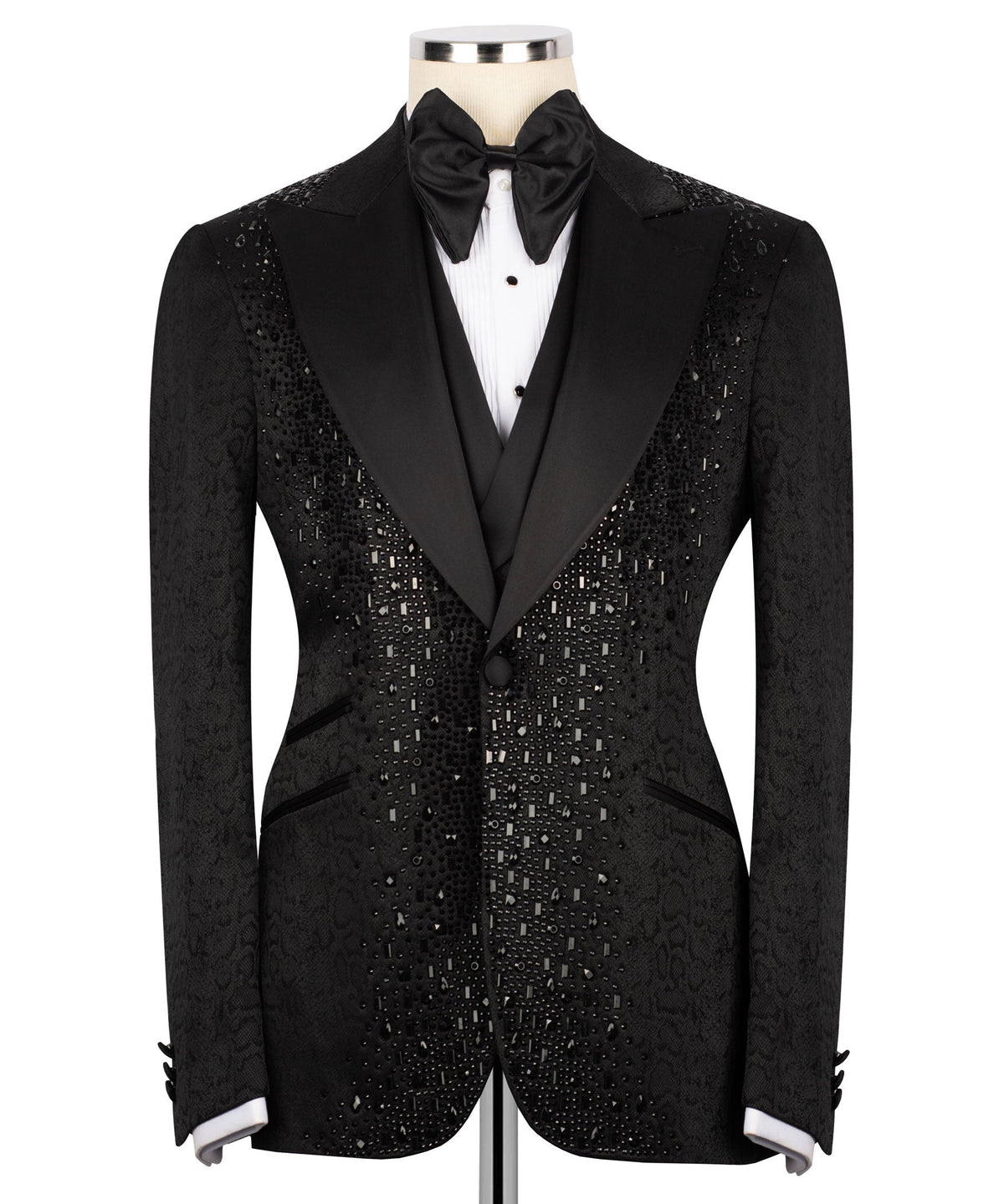 Black tuxedo jacket with embroidered pattern and satin lapels, front view