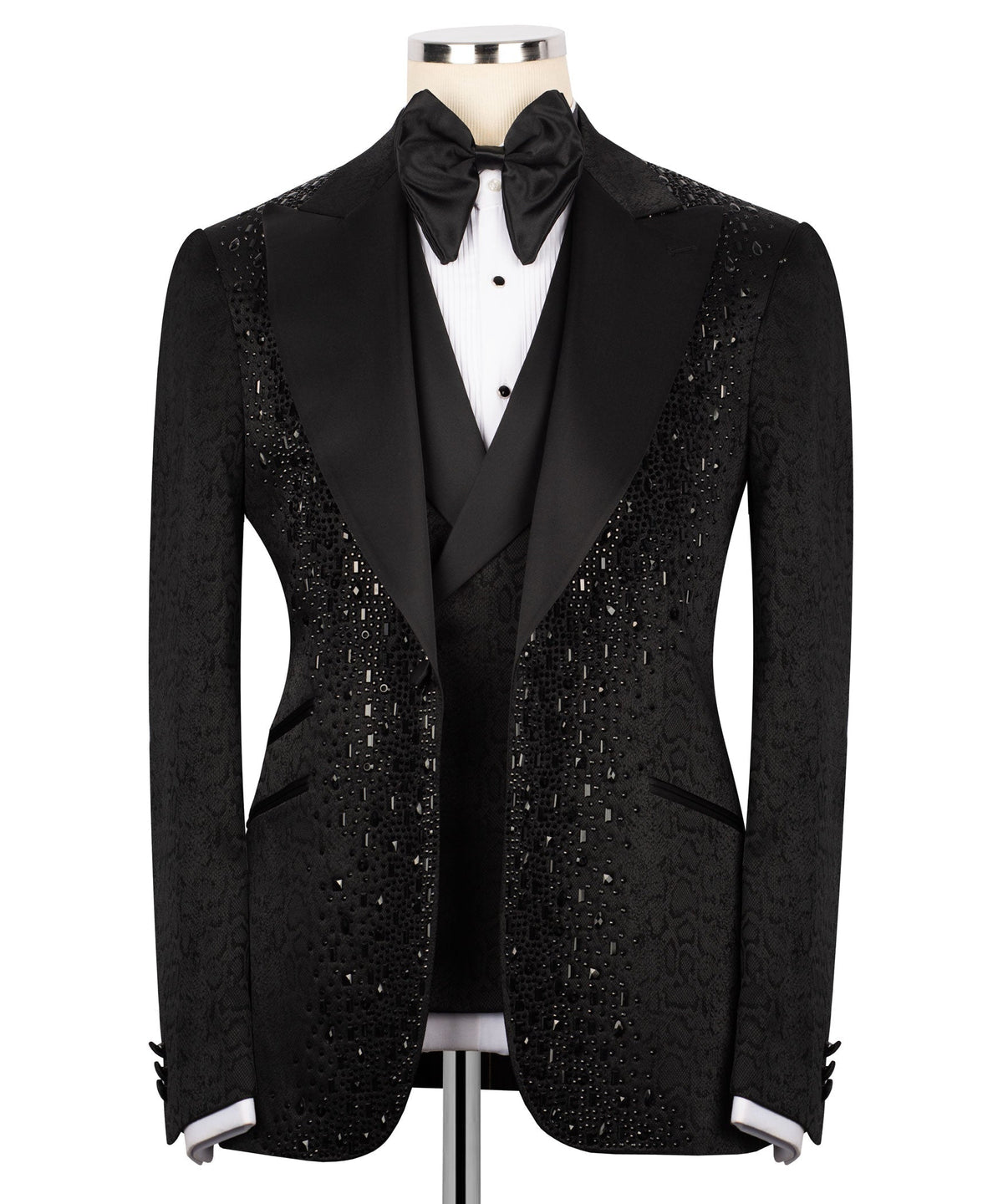 Black embroidered tuxedo jacket, satin lapels and bow tie—3-piece set