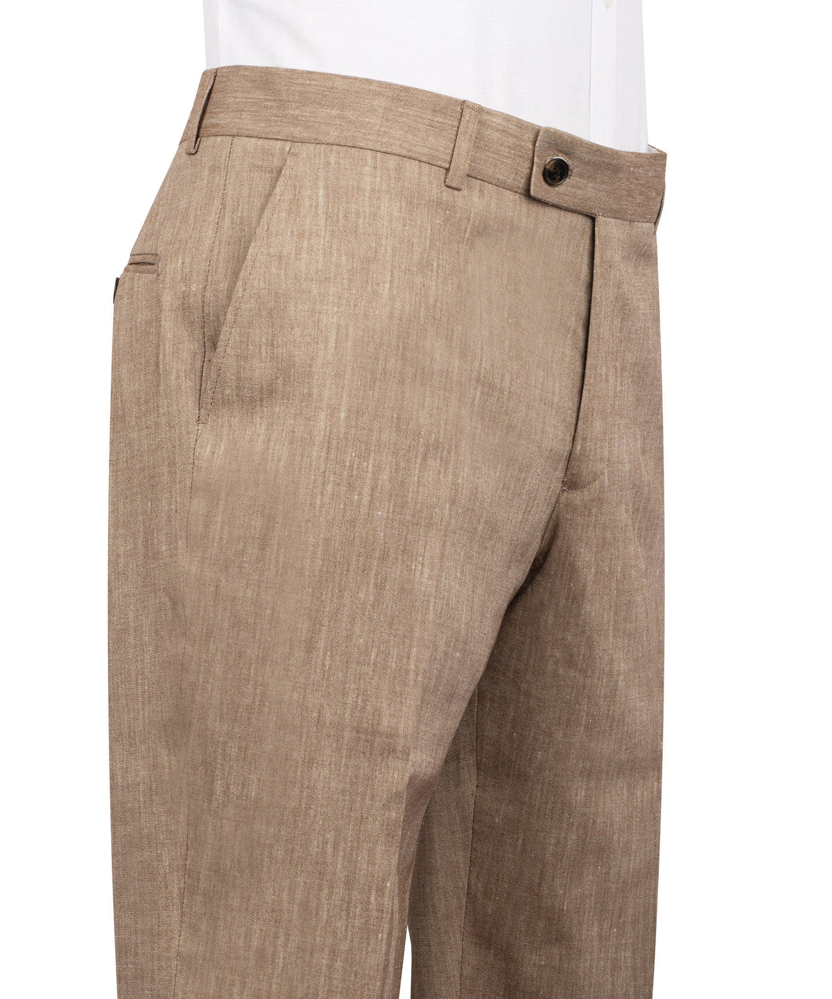 Tan linen suit trousers with belt loops, button waist, and side slash pockets