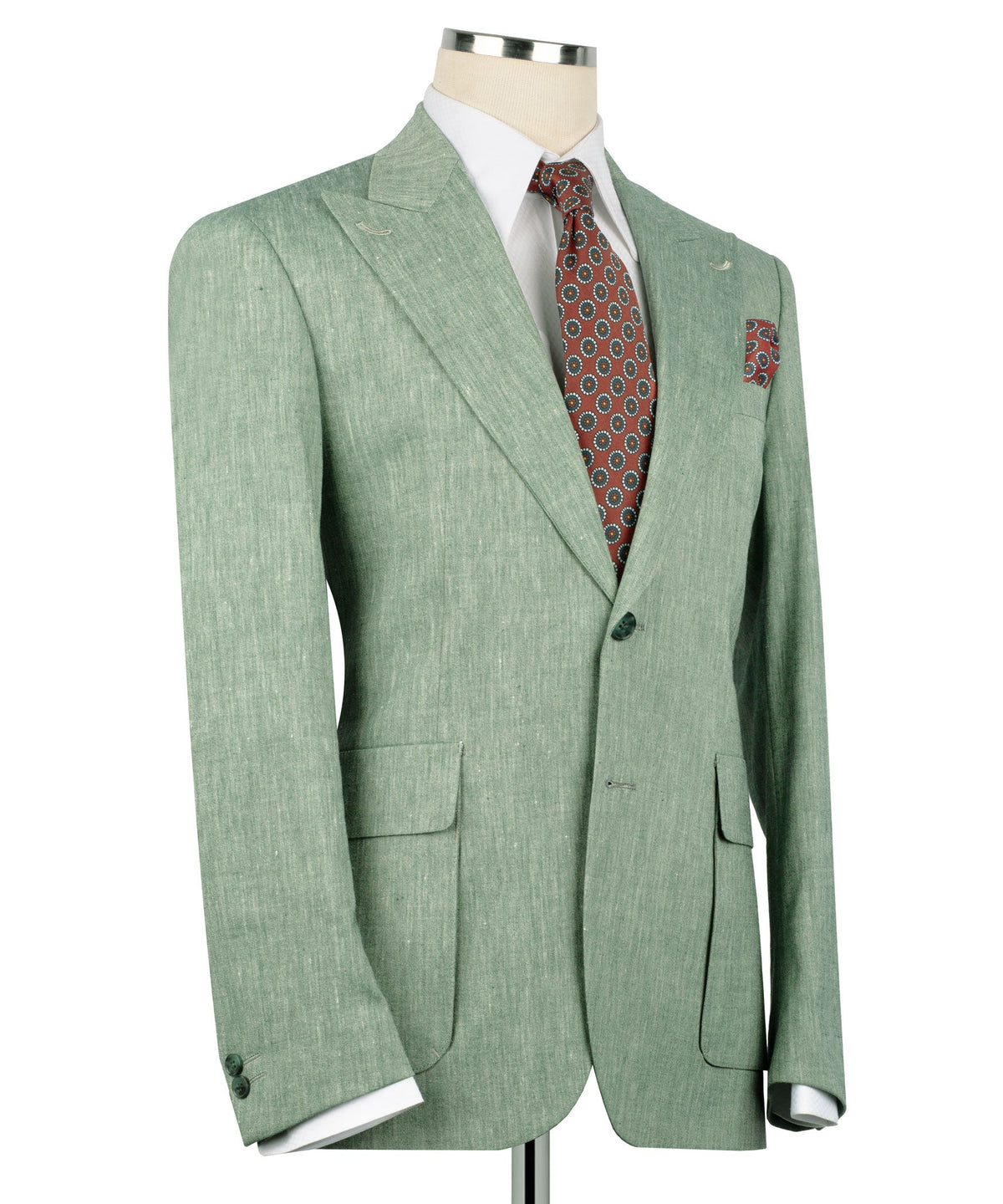 Green linen suit jacket with patch pockets and two-button front, angled view