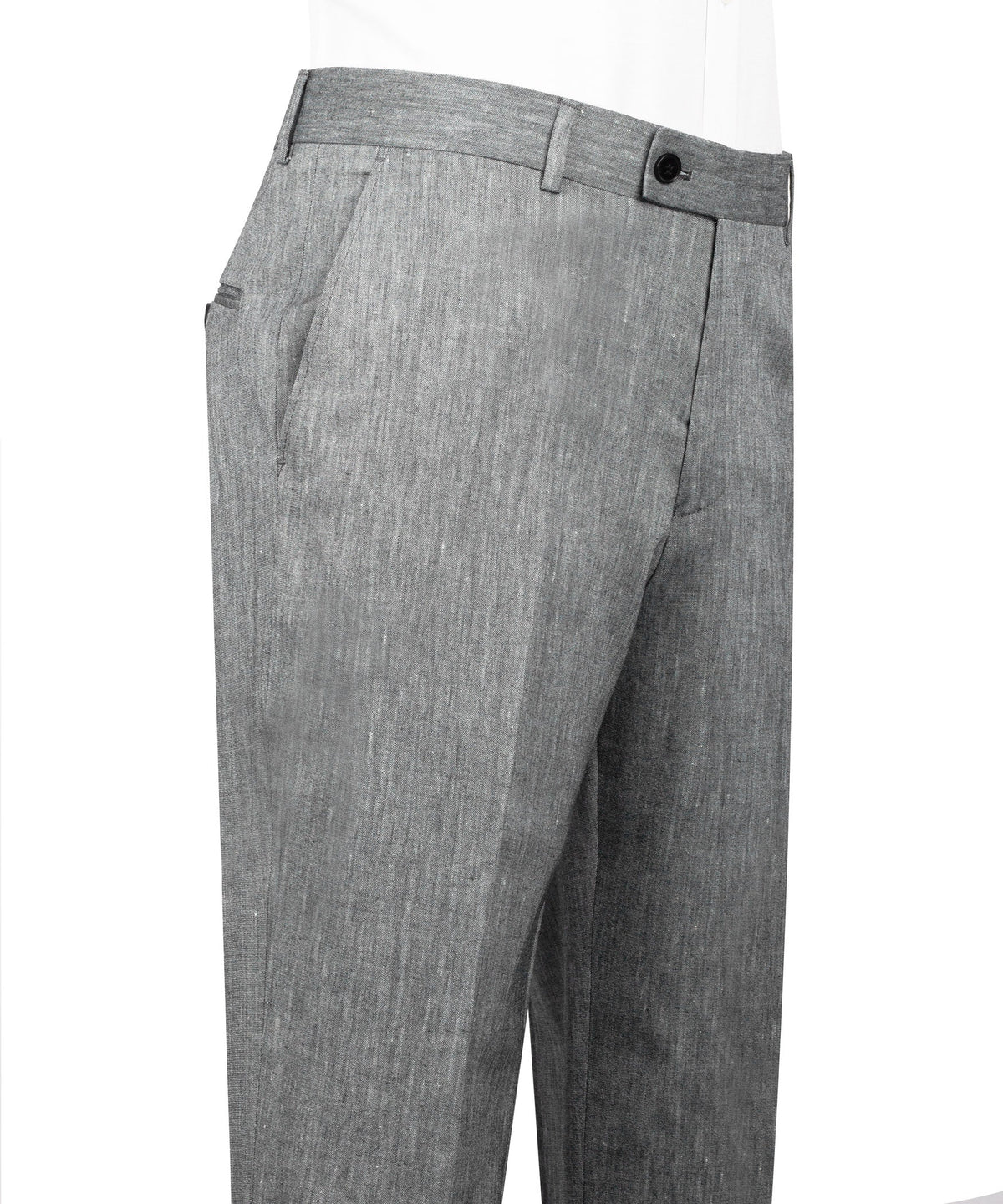 Gray linen suit trousers with waistband, belt loops and front pleats