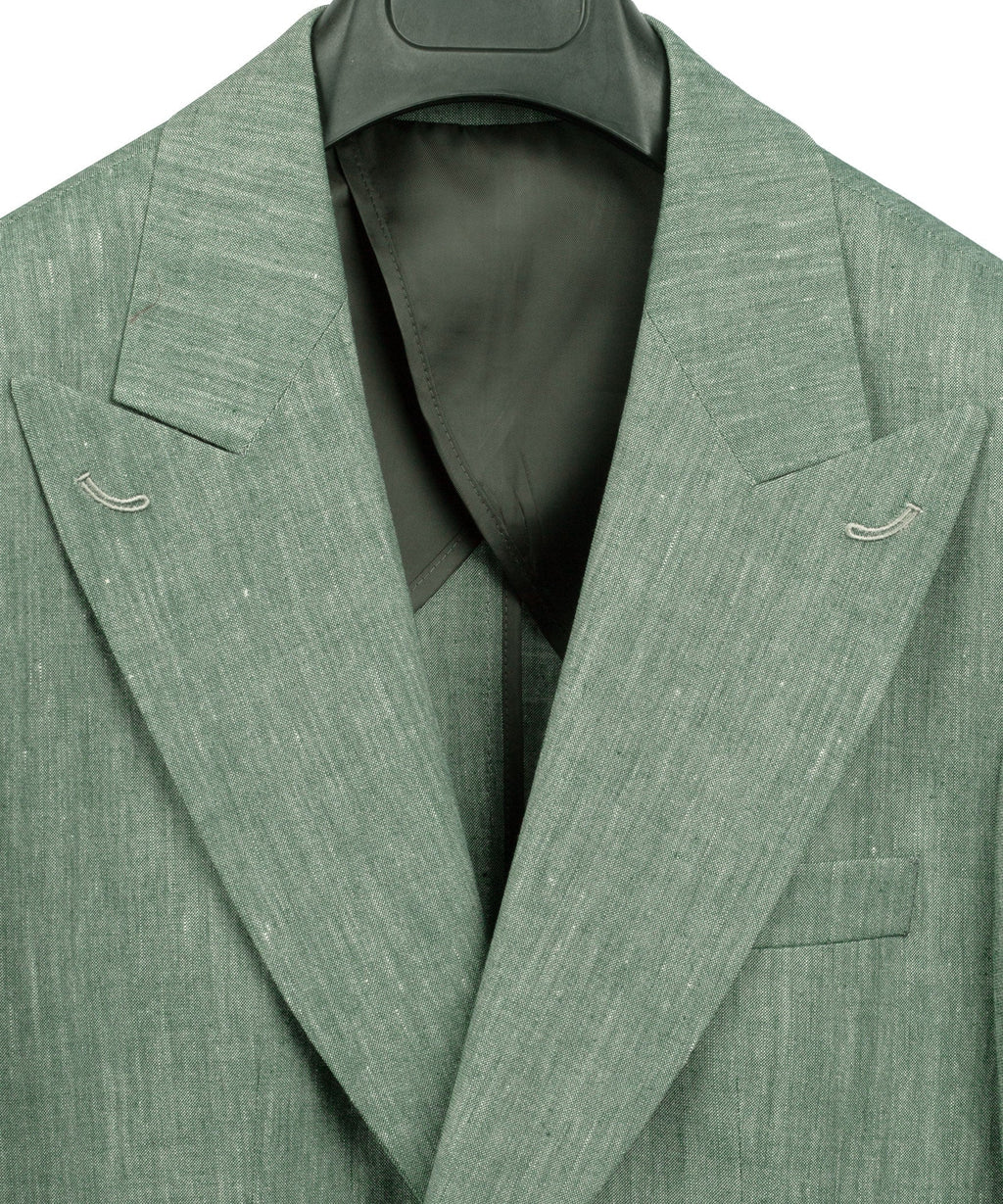 Green linen blazer open view with lapels, welt pockets, and inner lining