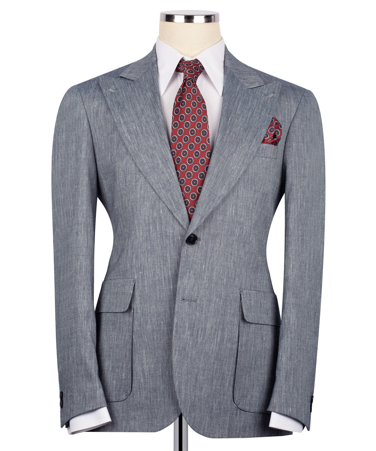 Grey linen suit jacket with notch lapel, front flap pockets, tie and pocket square