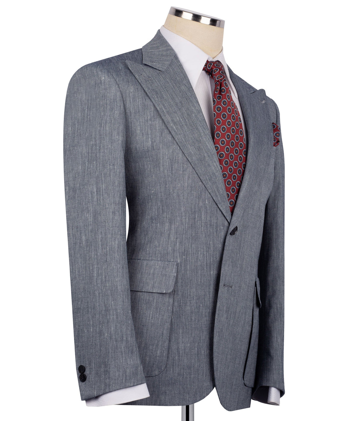 Grey linen suit jacket, side view with notch lapel and chest pocket