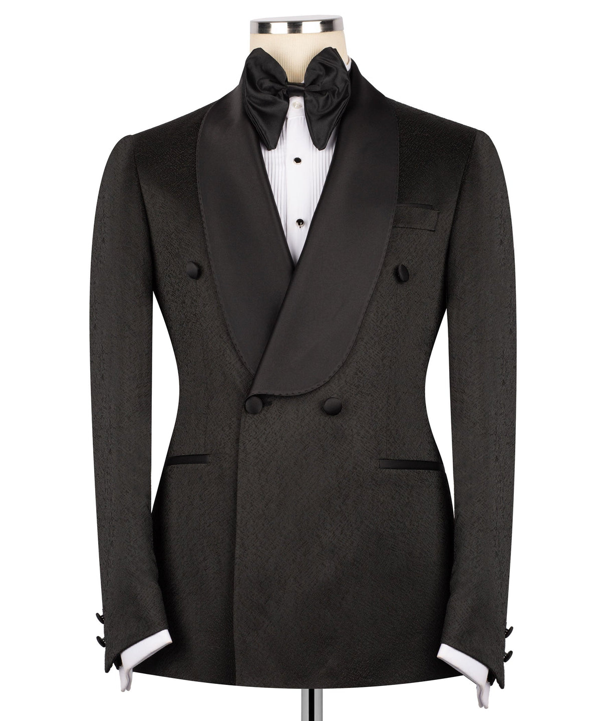 Black tuxedo jacket and waistcoat set, shawl collar, double-breasted buttons