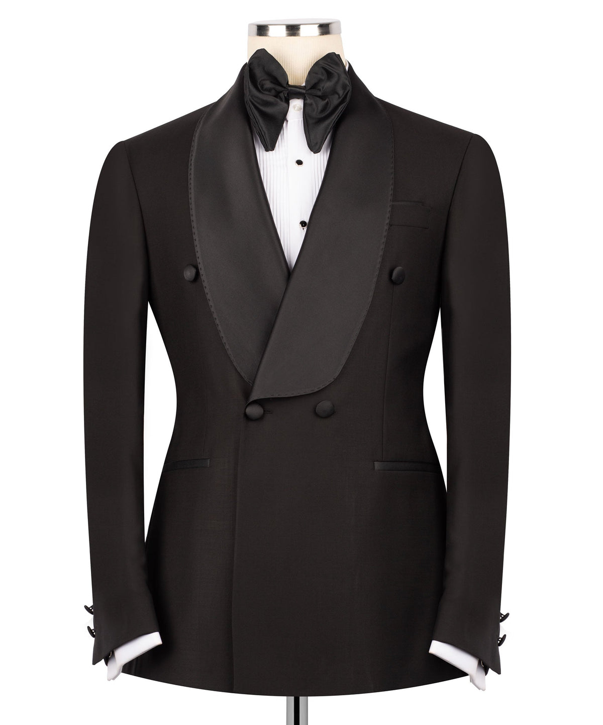 Black tuxedo jacket with shawl collar, satin lapels, double-breasted buttons