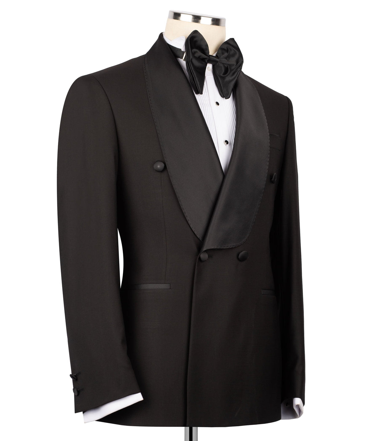 Black double-breasted tuxedo jacket with satin shawl lapel and bow at neckline
