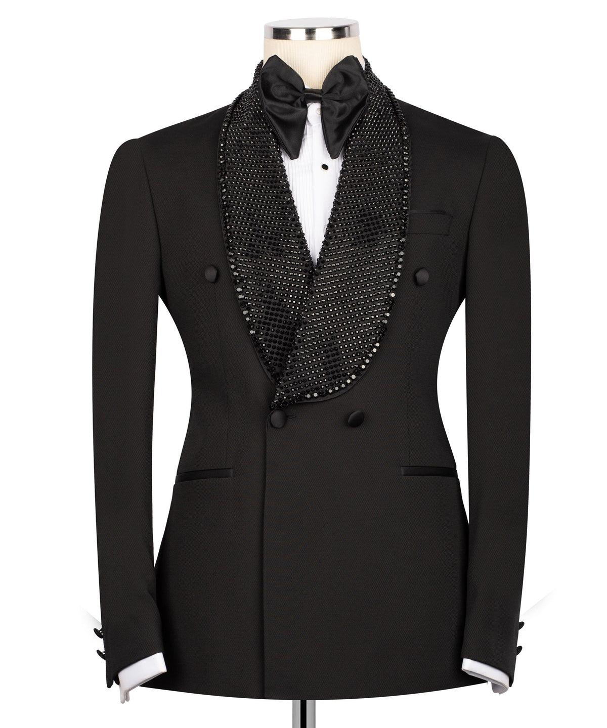 Black tuxedo blazer with beaded embroidered lapel, bow tie, two-button front