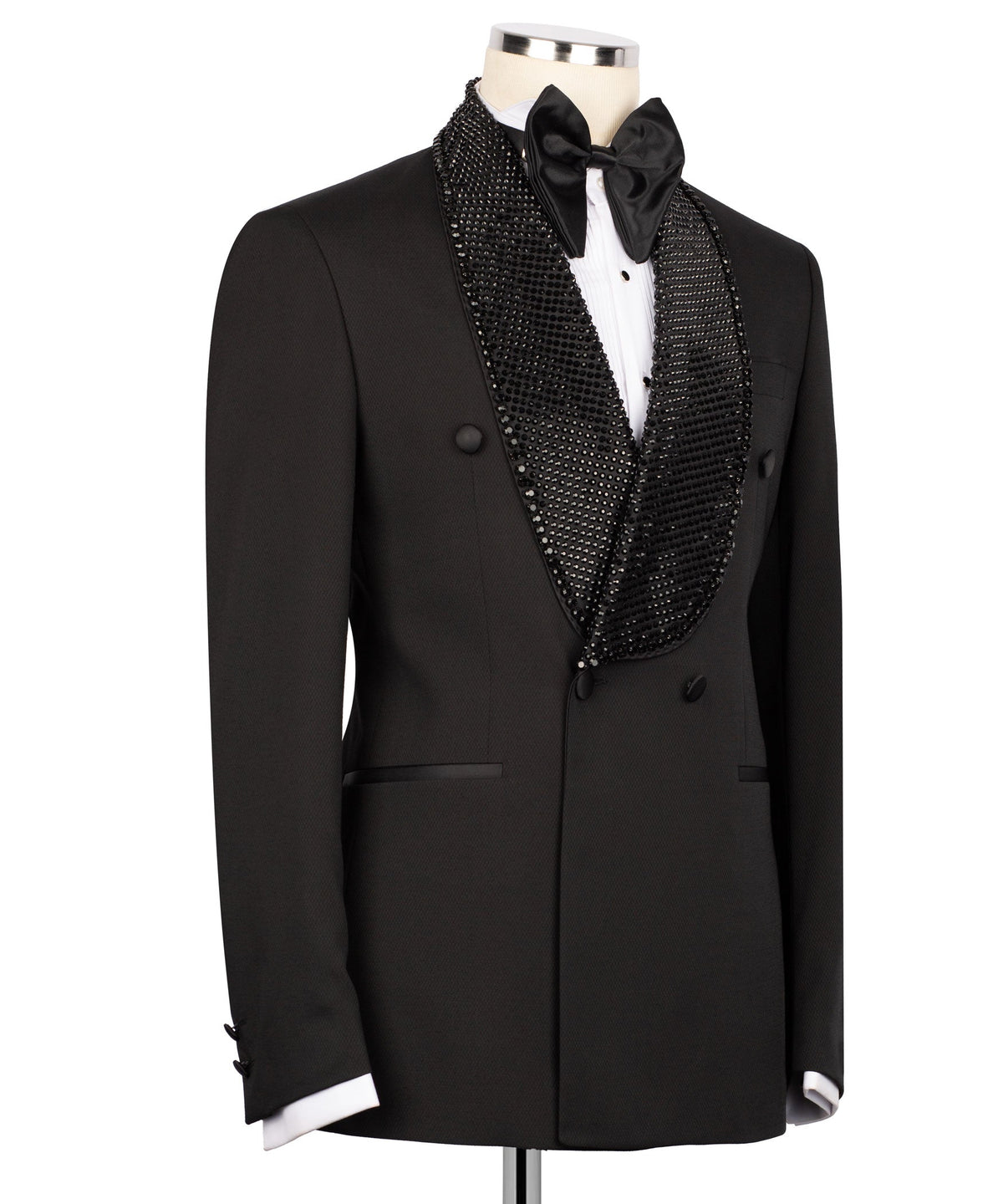 Black tuxedo jacket with satin bow tie and beaded embroidered shawl lapel