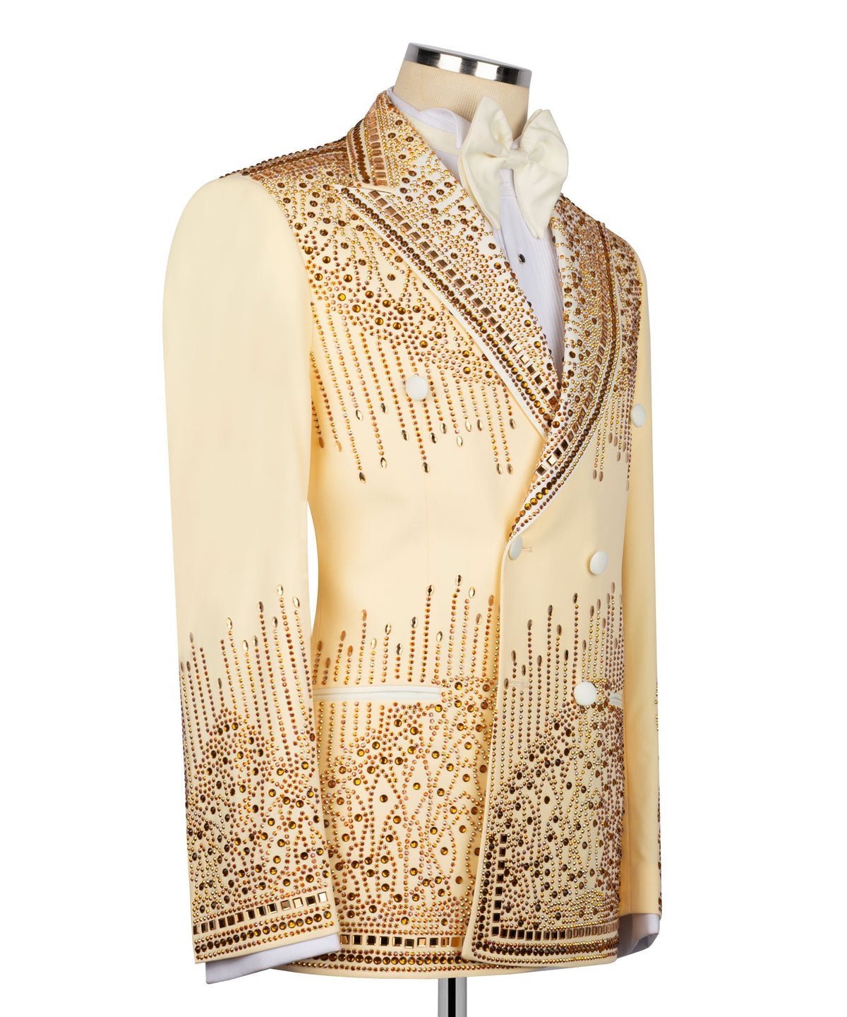 Yellow tuxedo jacket, front side view, gold stone embroidery across lapel and pockets