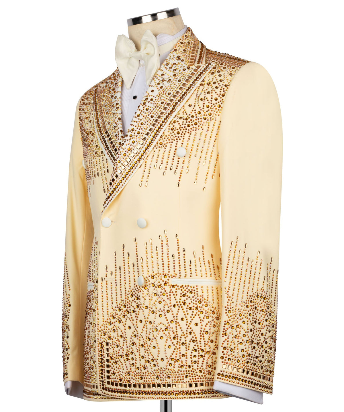 Yellow tuxedo jacket three-quarter view with gold stone embroidery and white bow tie