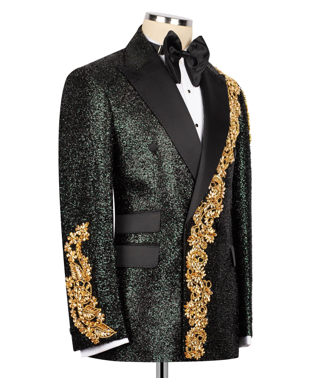 Black tuxedo jacket with gold baroque trim across front and black bow tie