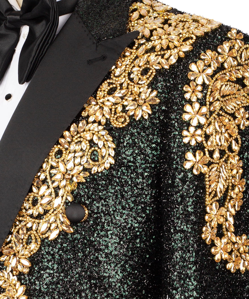 Close-up of gold floral bead embroidery on black tuxedo jacket