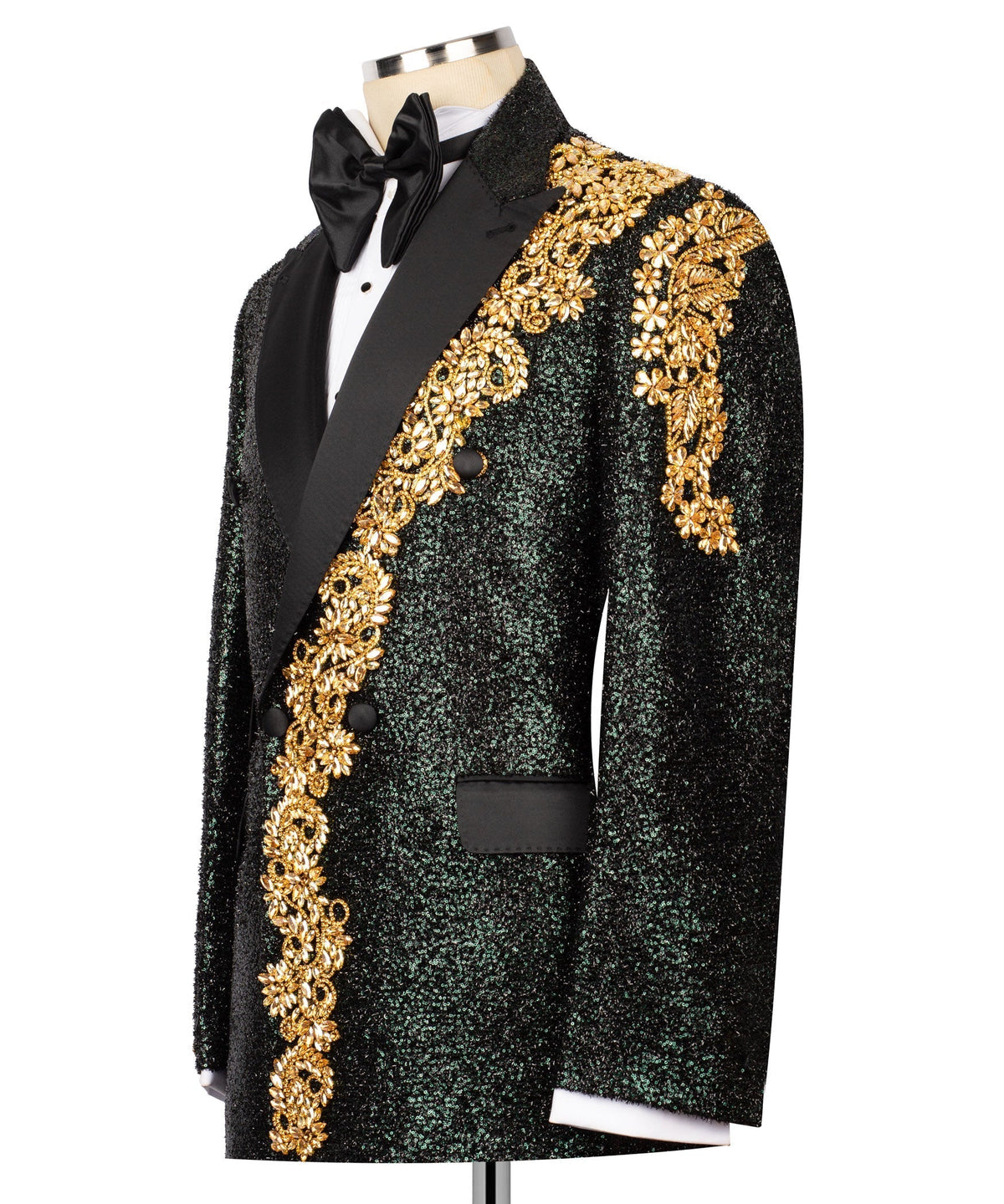 Black tuxedo jacket with gold embroidered diagonal panel and welt pockets