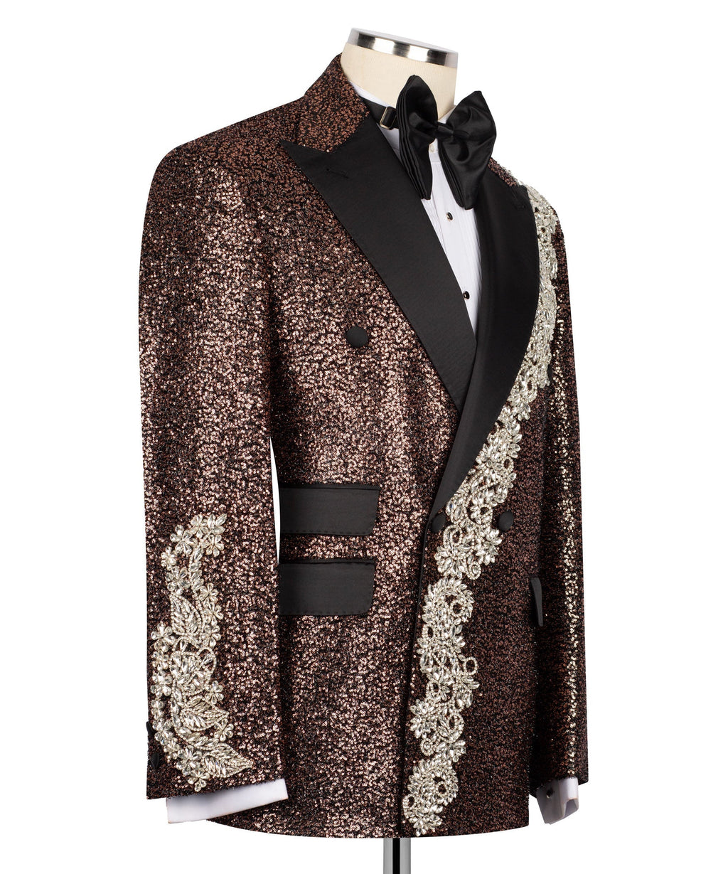 Bronze sequin tuxedo jacket with black satin bow and silver embroidered panel