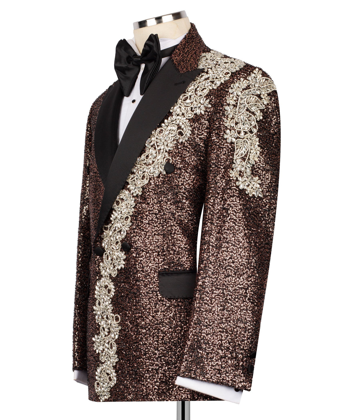 Side view: bronze sequin tuxedo with black satin lapels and silver ornament trim