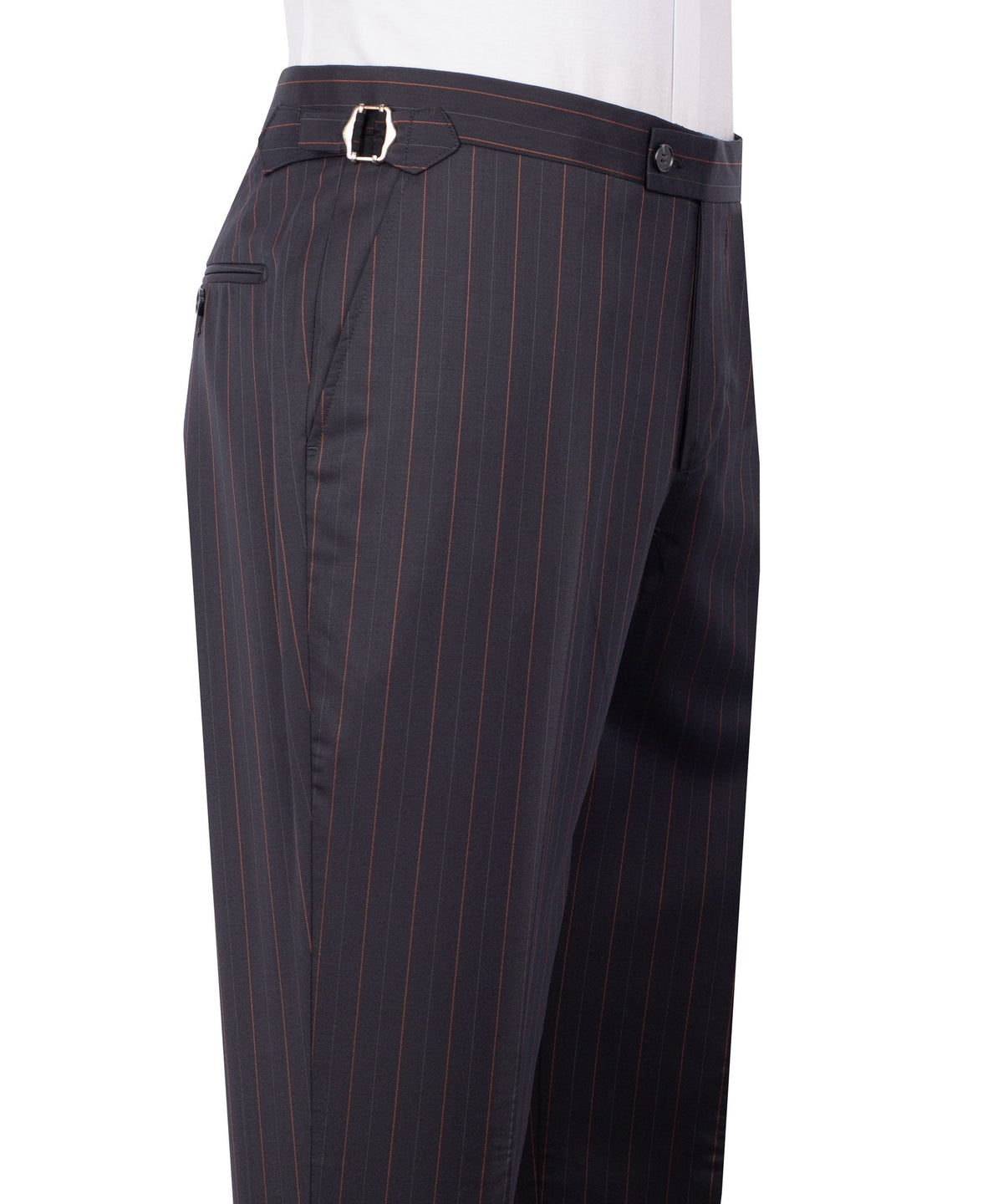 Dark pinstripe dress trousers with belt loops, button closure, and side pockets