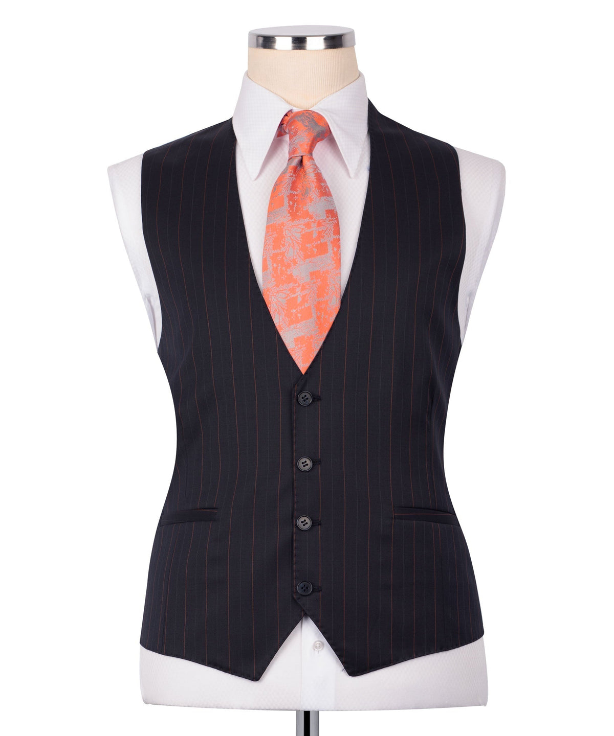 Dark pinstripe vest with four-button front, welt pockets, and orange patterned tie